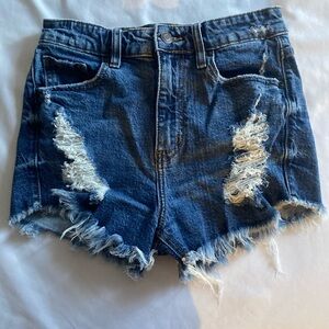 Eunina high rise dark wash distressed denim shorts
